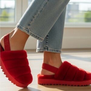 UGG Super Fluff  Slide Ribbon Red Slippers Size 10